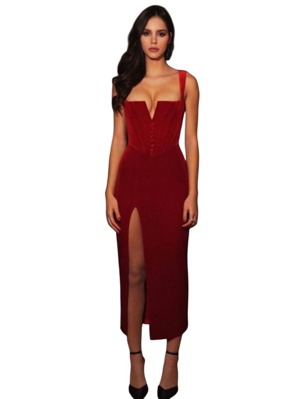 Adeirlina Red Velvet Corset Bodice Dress Slit Button Detail Stretch Size XL